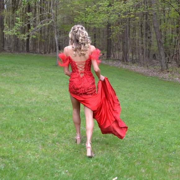 Sherri Hill Dresses & Skirts - Sherri Hill Red Lace-Up Feather Sleeve Prom Dress